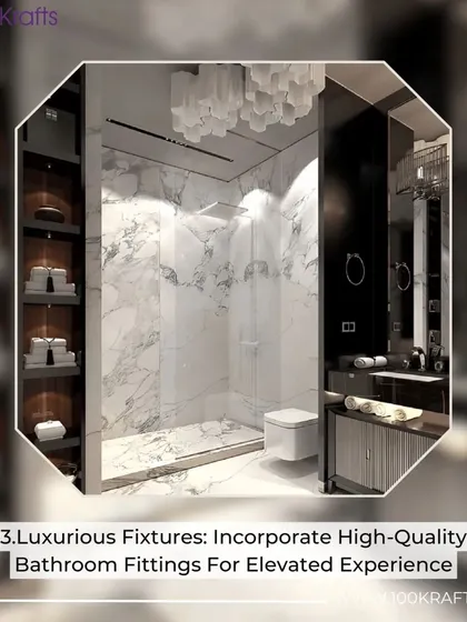 Luxurious fixtures elevate the bathroom experience. This design showcases a grand walk-in shower with a full marble wall and a unique ceiling-mounted light fixture for a touch of opulence.