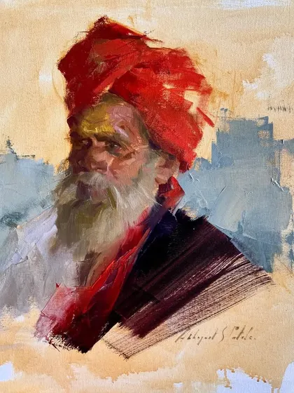 Created during a live demonstration for art students, this oil portrait of a man in a vibrant red turban showcases my impasto technique. The focus is on capturing the subject's presence and expression through bold color and textured brushwork.