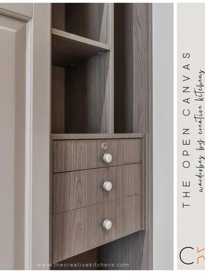 A detailed shot of the open carcass section of our "Open Canvas" wardrobe. The rich wood grain provides a warm, organic contrast to the smooth, neutral European membrane finish of the main body.