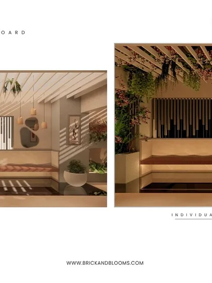 A closer look at the design details for a modern terrace. We've proposed a slatted wood pergola with hanging plants, built-in bench seating with hidden lighting, and a decorative wall panel to add texture and visual interest.