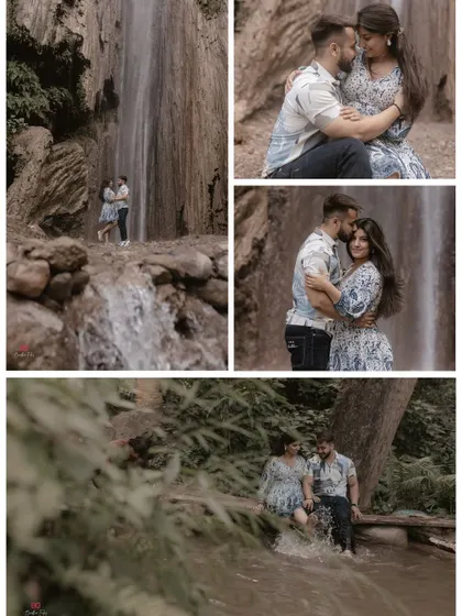 A romantic waterfall shoot, capturing moments of intimacy and playfulness as the couple dips their feet in the water.