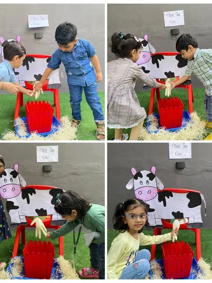 Learning where milk comes from by "milking" our friendly classroom cow. This activity helps children understand about farm animals and the products we get from them.