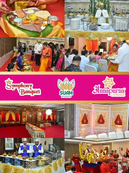 This collage captures the essence of what we do. It shows a traditional Maharashtrian ceremony, our elegant decor, and a glimpse of our catering service, all brought together under our trusted brands: Symphony Banquet, SUAM Events, and Annapurna Caterers.