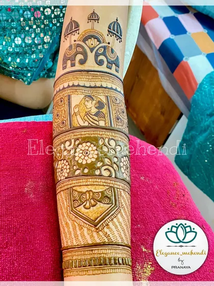 A startup design for a bridal mehendi, featuring elephants and a bride figure in a window frame.