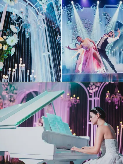 A collage of an elegant, white-and-blue themed reception, featuring a live pianist, ballet-inspired dancers, and a grand stage.