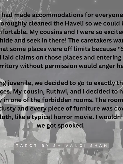 The tale of a family trip to a haunted Haveli where cousins enter a forbidden room and have a terrifying encounter with a spirit.