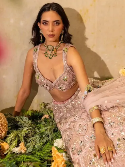 Another view from this beautiful garden-themed shoot, focusing on the delicate details of the ensemble.