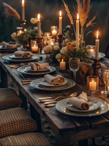 A close-up of a rustic, candlelit dinner table. The wooden table, mismatched vintage plates, and warm lighting create a cozy and inviting setting for an intimate gathering.
