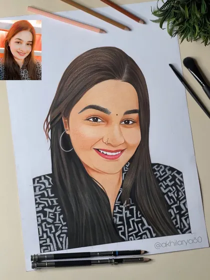 A happy and bright A3 colored pencil portrait. The black and white pattern on her shirt was fun to draw and adds a modern touch to the piece.