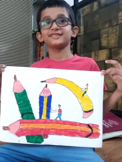 This imaginative piece by Yuvaan, a 3rd-grade student, features giant creative pencils being used by tiny people. It's a fantastic example of the creative drawing concepts we explore in class.