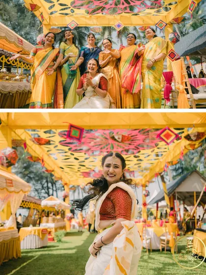 A collage showing the bride with her friends and family, enjoying the vibrant atmosphere of her Haldi celebration.