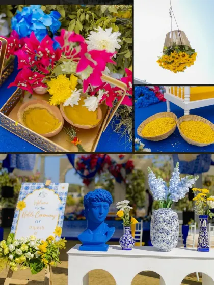 The color palette was a stunning contrast of sunny yellows and cobalt blues. The auspicious turmeric paste stood out beautifully against the vibrant decor.
