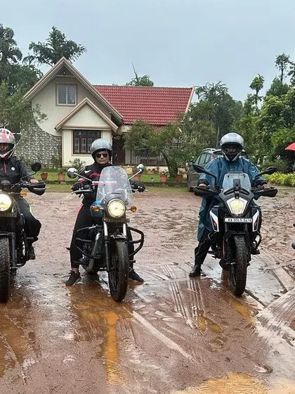 Our riders ready to leave a resort in the rain. A little water can't stop the adventure when you're with the Heels on Wheels crew.