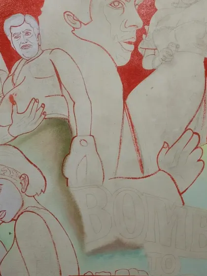 The initial stages of creation, showing the red-line sketch and blocking in the main figures and background colors for the 'Bombay to Goa' replica.