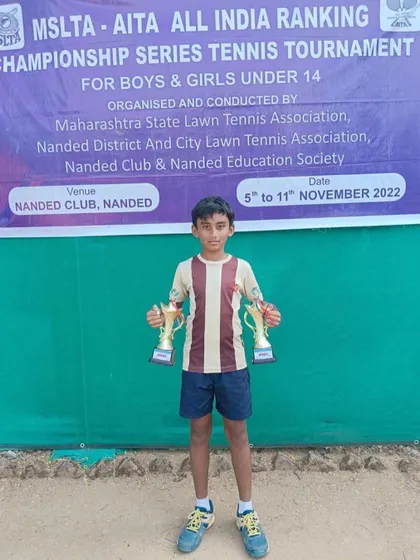 A proud moment for our academy as our student Ishaan B holds his trophies after winning both the All India Tennis Association (AITA) U-14 Singles and Doubles titles at the MSLTA event in Nanded.