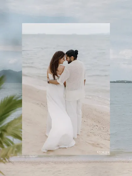An artistic, layered photo of a couple on the beach, conveying a dreamy and romantic memory.