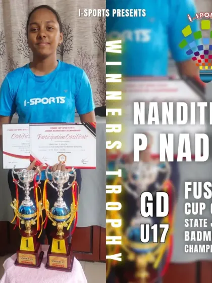Nanditha P. Nadig with her winner's trophies after emerging victorious in both the U15 & U17 Girls Doubles at the Fusion Cup Open State Junior Badminton Championship.