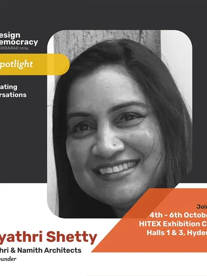 A promotional graphic for Gayathri Shetty's appearance at Design Democracy 2024.