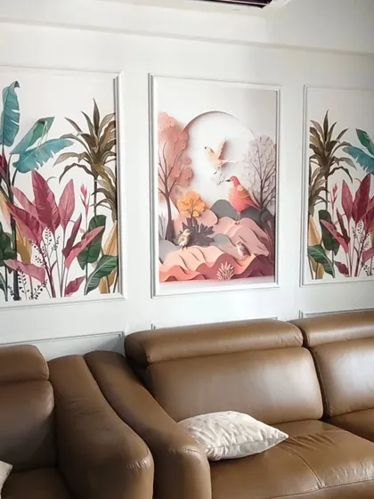 A triptych-style installation of three framed tropical art panels. This approach gives the look of framed art with the seamless quality of wallpaper.