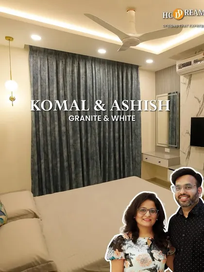 For Komal and Ashish, we designed a sophisticated bedroom using a granite and white theme. The result is a modern, tranquil retreat that feels both luxurious and personal.