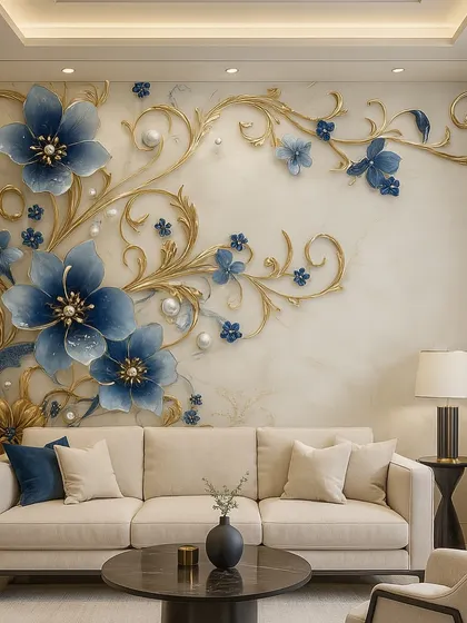 A luxurious 3D floral wallpaper in royal blue and gold. The intricate design with swirling vines and pearl accents adds a touch of regal elegance to the living room.