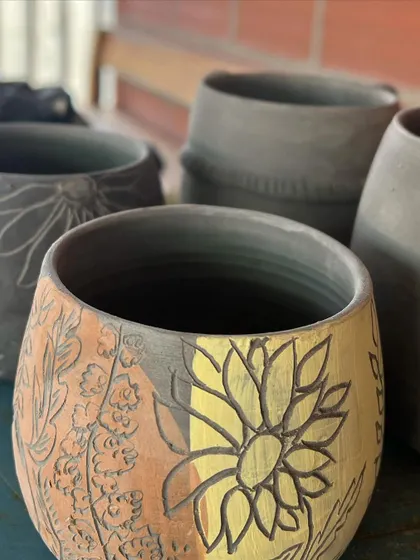 Beautifully carved and painted pots made by students in my wheel throwing course. The textures and colors are just wonderful.