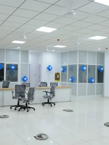 The spacious and organized interior of the TVS Mobility Ashok Leyland factory office. Our design focused on creating an efficient workflow and facilitating smooth collaboration for the administrative and operational teams.
