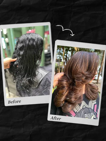 A before-and-after collage showcasing the power of a color change. The client's hair goes from dark and one-dimensional to a lively, multi-tonal brown.