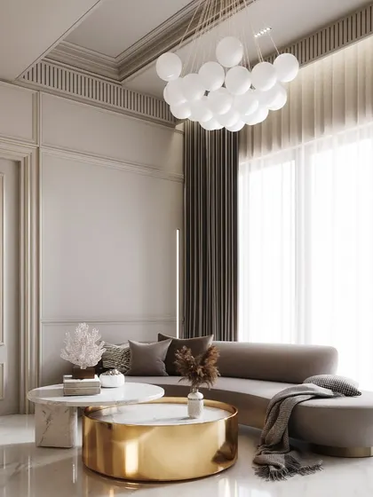 A luxurious bedroom render characterized by its soft, curved furniture and textured wall panels. The different angles showcase the spacious layout and the elegant, contemporary design.