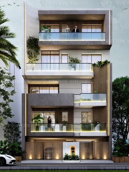 This facade design for a 195 sq. yard plot in Pitampura uses a mix of grey stone, warm wood accents, and glass railings. The balconies are staggered to create a dynamic and visually interesting front elevation.