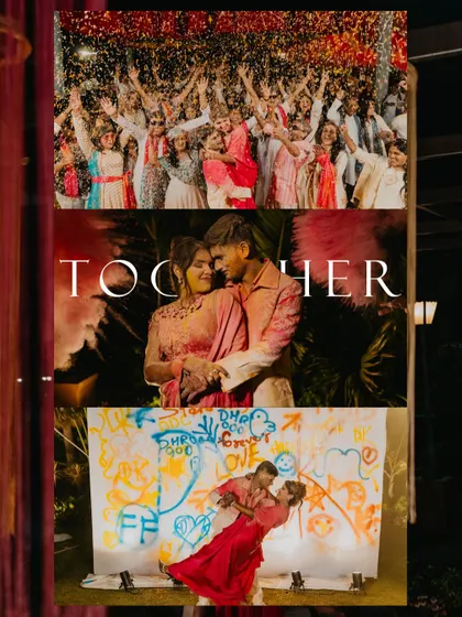 A collage that captures the essence of a colorful and energetic Haldi party. From being showered in petals to a fun graffiti wall, it’s a story of togetherness and celebration.