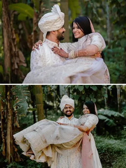 A collage of the groom carrying his bride through a beautiful natural landscape, a perfect fairytale moment.