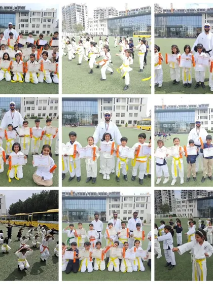 A collage from our second belt graduation ceremony of the year, held outdoors. Students proudly display their new belts and certificates after a successful examination.