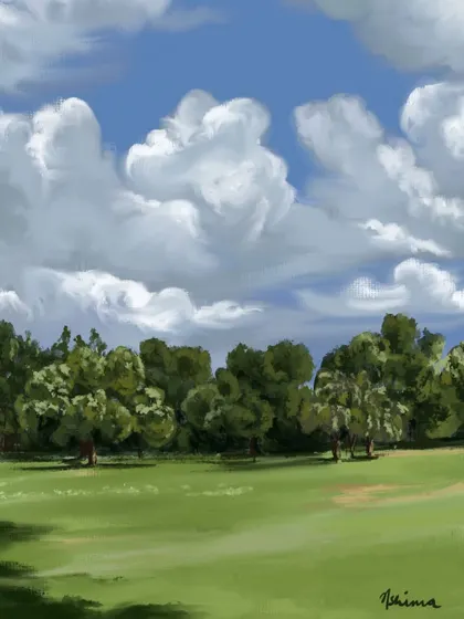 A beautiful green landscape under a sky full of fluffy clouds. This piece shows my more painterly, impressionistic style, perfect for capturing the open, airy feeling of a park or field.