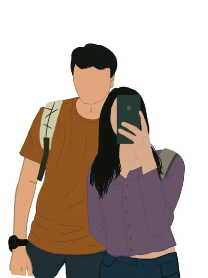A casual mirror selfie moment turned into a faceless illustration. This style is great for capturing everyday memories.