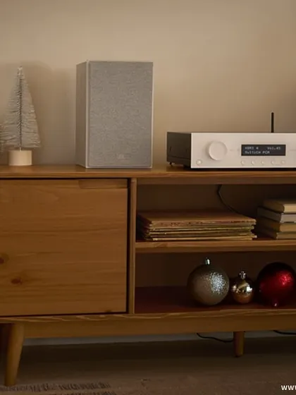 A minimalist JBL stereo setup, featuring compact bookshelf speakers and a receiver. Even in a smaller space, we can deliver powerful sound that fills the room with music and joy.