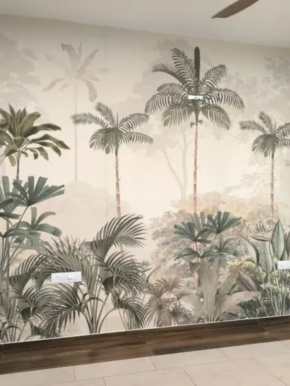 A serene, large-scale palm tree mural in a bedroom. The muted, monochromatic tones create a calm and sophisticated tropical vibe.