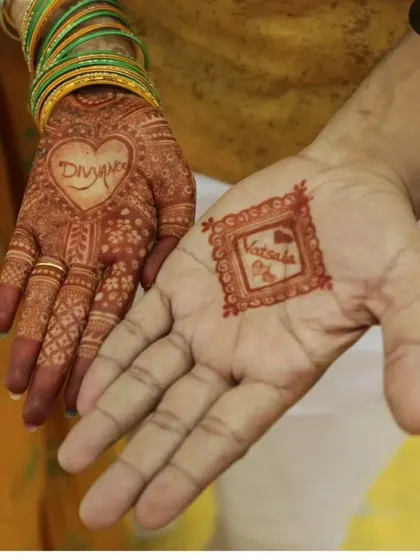 A personalized design for a bride and groom, featuring their names inside hearts. This is a simple yet very popular way to customize your mehendi.
