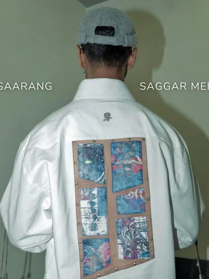 The back of the Prism Set's overshirt, where the contrasting patchwork adds an element of surprise. This is a fashion-forward ensemble for making a statement anywhere.