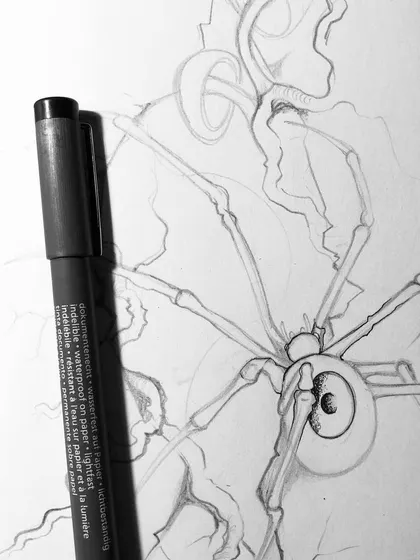 A work-in-progress shot of the skeletal spider, with my pens for scale.