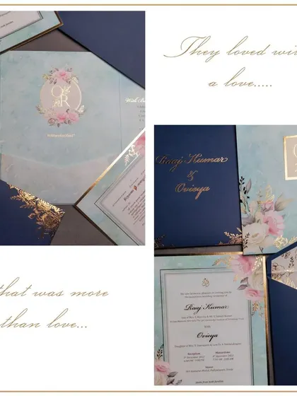 An elegant suite featuring an aqua and pink color palette with gold foil accents. The design includes a custom floral monogram and delicate patterns on the envelope liner, reflecting a love story that is "more than love."