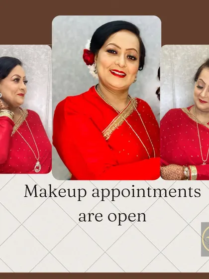 An elegant makeup look for a mature client. The classic red lip and soft eye makeup enhance her grace and beauty.