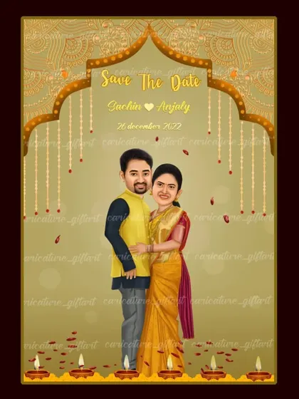 I designed this "Save the Date" with a royal touch. The golden arch and hanging diyas create a warm and festive frame for the couple's caricature, making it a grand announcement.