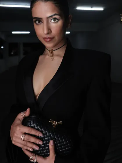 Sanya Malhotra exudes confidence in a black blazer, her look elevated by our collection of modern rings.