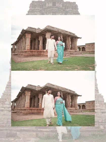 The couple takes a romantic stroll through the grounds of an ancient temple, their modern love story framed by timeless architecture.