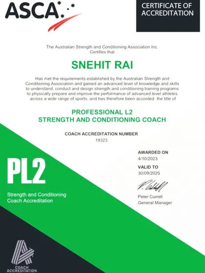 My ASCA Professional Level 2 Strength and Conditioning Coach certification from the Australian Strength and Conditioning Association, reflecting an advanced level of knowledge.