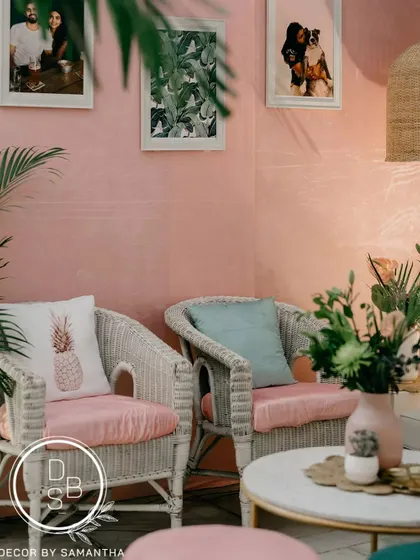 We used custom cushions with pineapple prints and contrasting colors to add to the tropical, laid-back glamour of the Palm Springs inspired brunch.