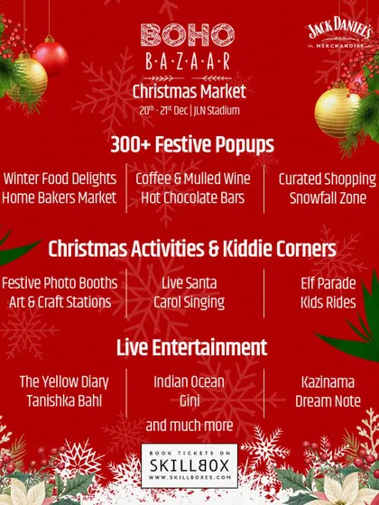 The official poster for the Boho Bazaar Christmas Market in Delhi, a grand holiday edition with festive popups, food, and live music.