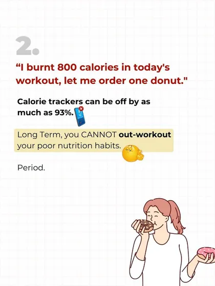 "I burned 800 calories, so I can eat a donut." Your calorie tracker is probably wrong, by as much as 93%. You CANNOT out-workout poor nutrition habits. Period.