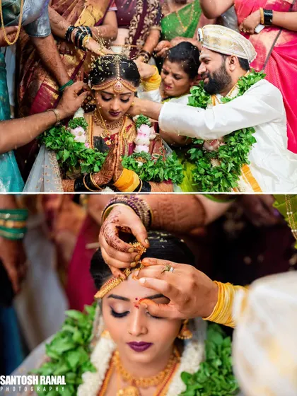 A collage showing the blessings and rituals being performed by family members during the wedding.